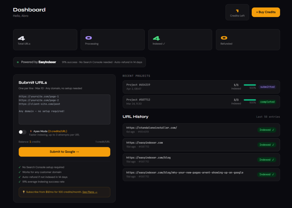 Full dashboard view with submit form on the left and history on the right
