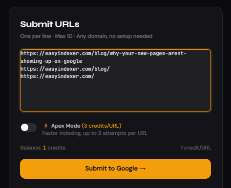 ubmit URLs textarea with 3-4 URLs entered, showing credit cost at the bottom