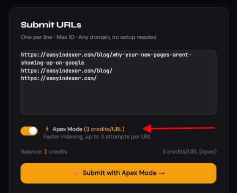 Close-up of the Apex Mode toggle showing enabled state with 3 credits/URL label