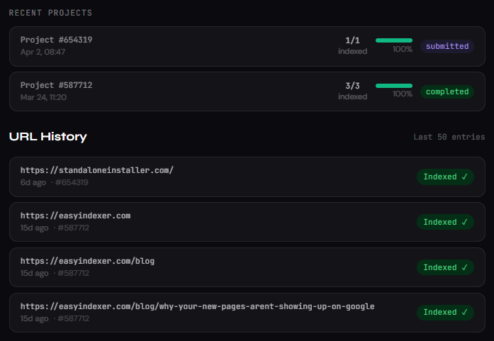 URL History list showing 5-6 URLs with mixed statuses — some Indexed, some Processing