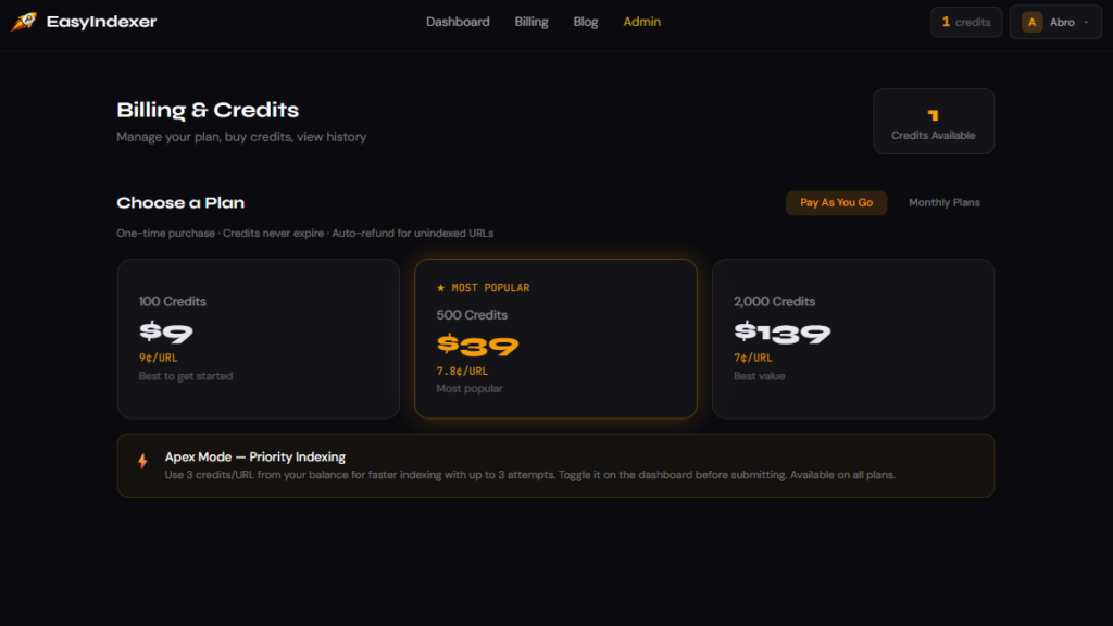 Billing page showing pay-as-you-go credit packs and monthly subscription options