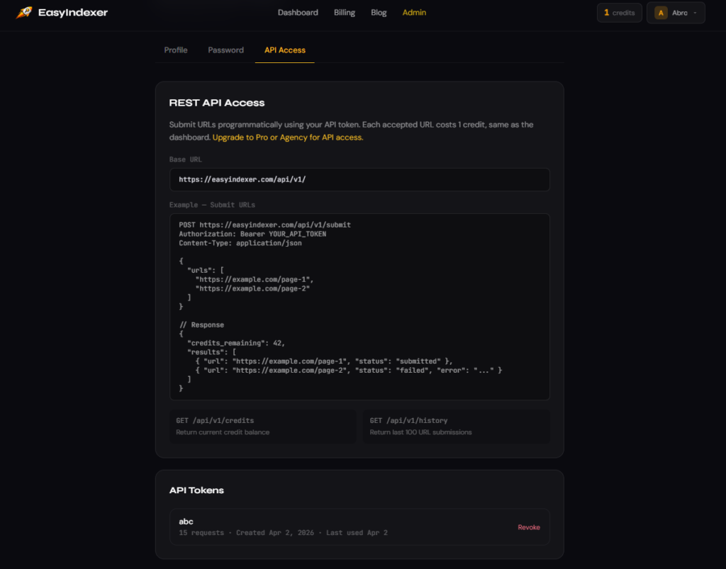 Account settings page with API tab selected, showing the API token and endpoint documentation