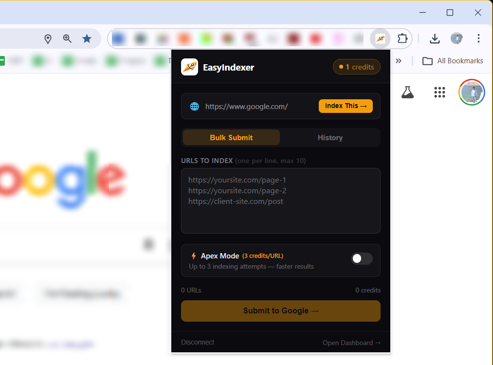 Chrome extension popup showing the current page URL with the Index This button